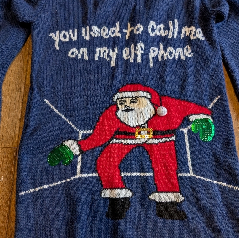Women's Planet Gold Navy Gray Long Sleeve Ugly Christmas Sweater Size Medium - Picture 3 of 3